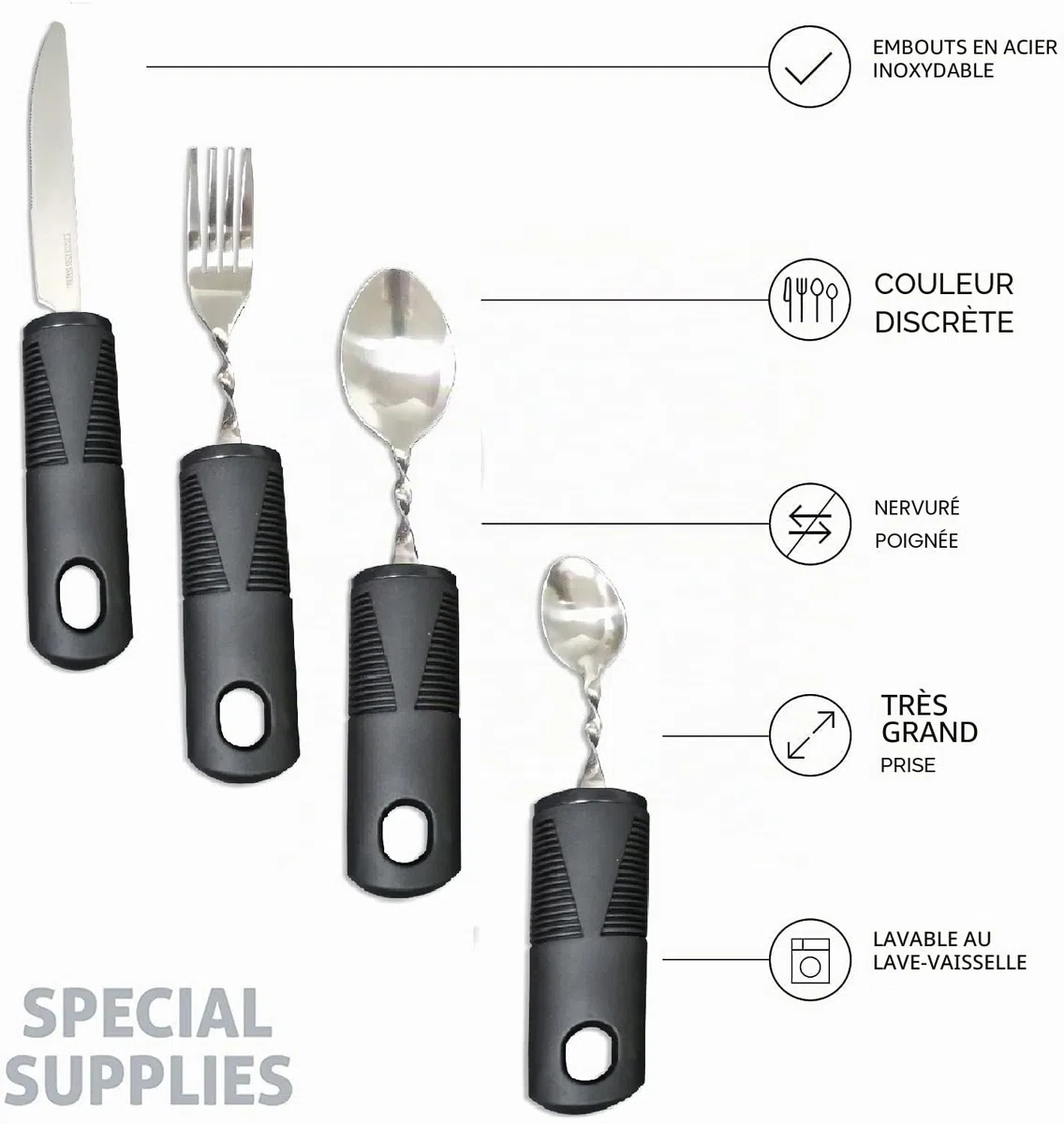 Ensemble de couverts pliables avec poignées extra larges et en main Aide à la salle à manger idéale pour les personnes âgées souffrant d'arthrite, de maladie de Parkinson et de tremblements