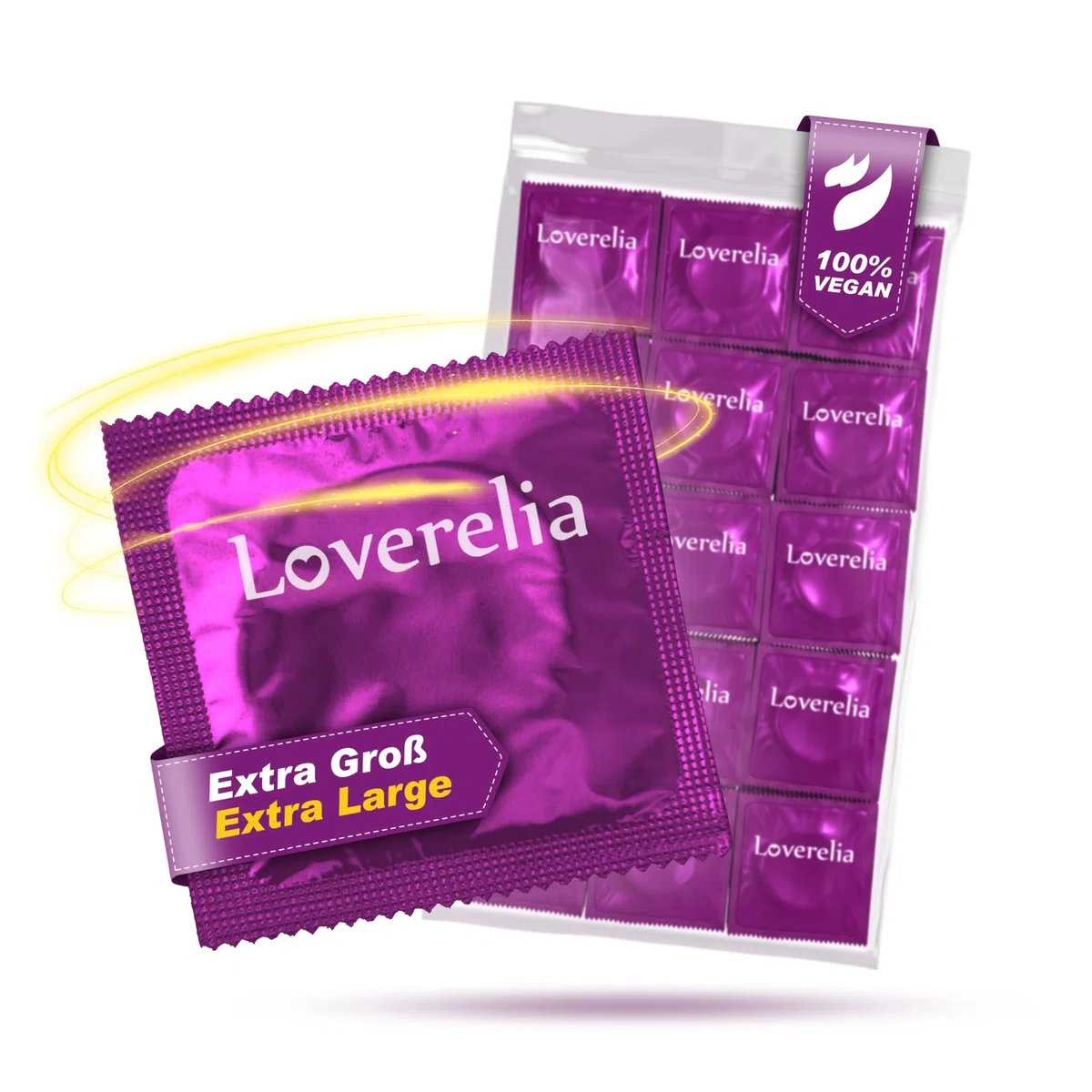 Préservatifs Loverelia "Extra Large" - plus d'espace et de confort - Ø 56 mm - ajustement parfait - latex de caoutchouc naturel - végétalien - réel au toucher - paquet de 100 (2 x 50 pièces)