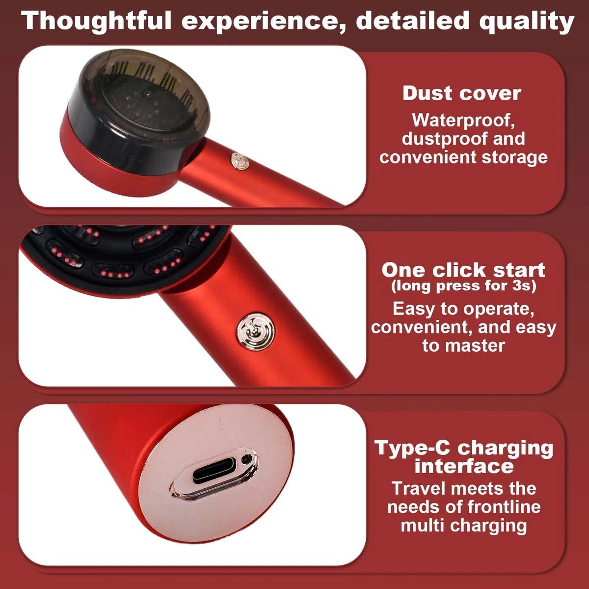 Brosse Massage Cuir Chevelu Électrique, Masseur Tête avec Lumière Rouge & Bleue, Applicateur Huile Cheveux 6 ml, 3 Modes de Pétrissage, IPX7 Étanche – pour la Détente du Cuir Chevelu, Rouge