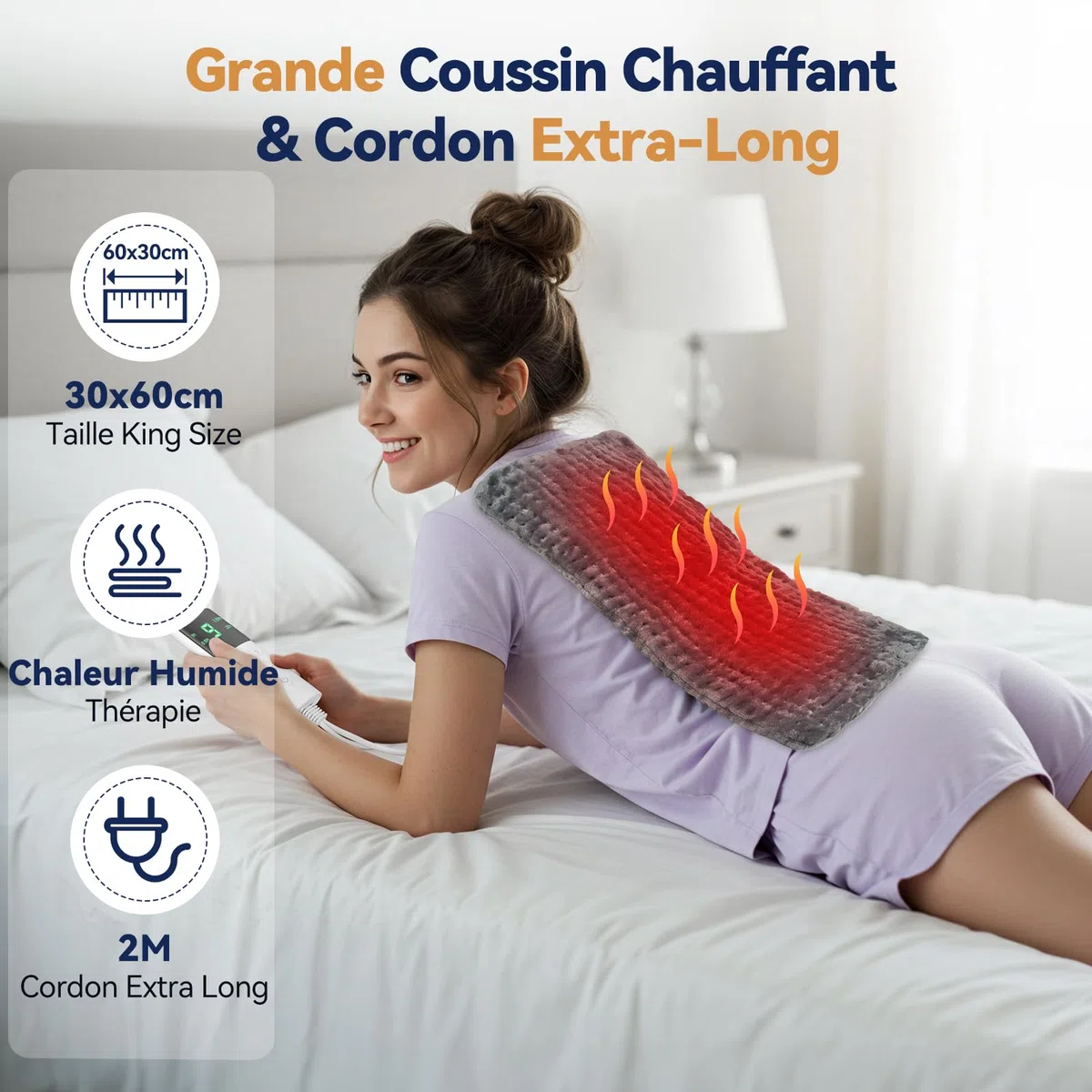 Coussin Chauffant, Coussin Chauffant Electrique avec 9 Température et 4 Minuterie Arrêt Automatique, Lavable en Machine, Couverture Chauffante Flanelle Douce pour Dos, Cou, Épaules, Abdomen-30x60cm