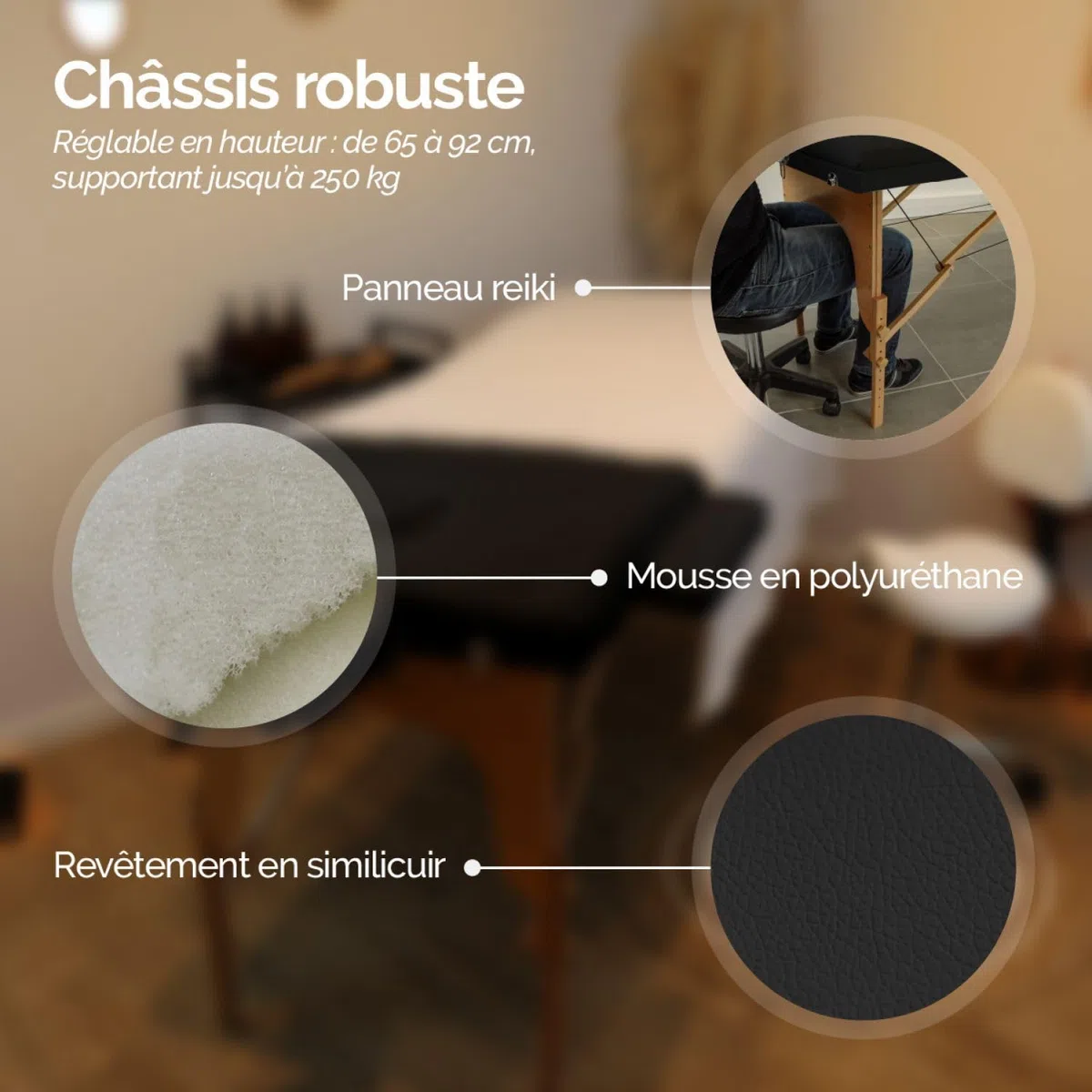 Vivezen - Table de Massage 15 cm Pliante 3 Zones en Bois avec Panneau Reiki + Accessoires et Housse de Transport - Plusieurs Coloris