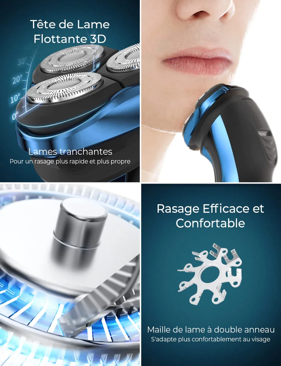 Rasoir Électrique pour Homme Rasoir à Têtes Rotatives avec Tondeuse Barbe de Précision IPX7 Rasoir à Sec et Humide avec Verrouillage de Voyage RS8336 Bleu Shaver Portable