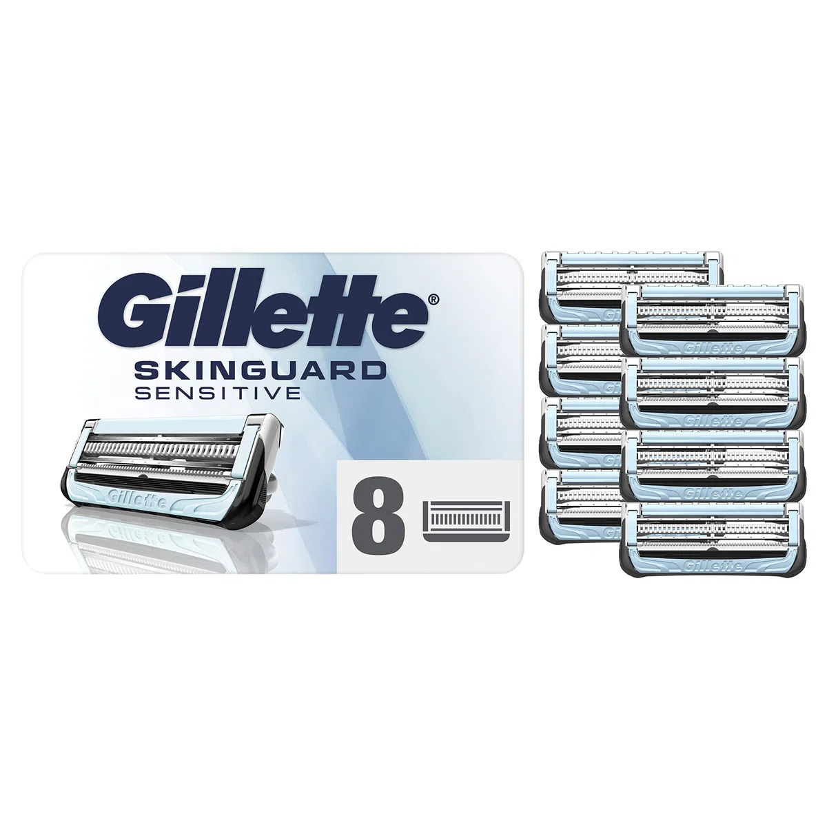 Gillette Lames de Rasoir Homme SkinGuard Sensitive, Pack de 8 Cartouches | Remplacement Conçu pour la Peau Sensible, 2 Bandes Lubrifiantes, Protège la Peau Sujette aux Boutons et Irritations