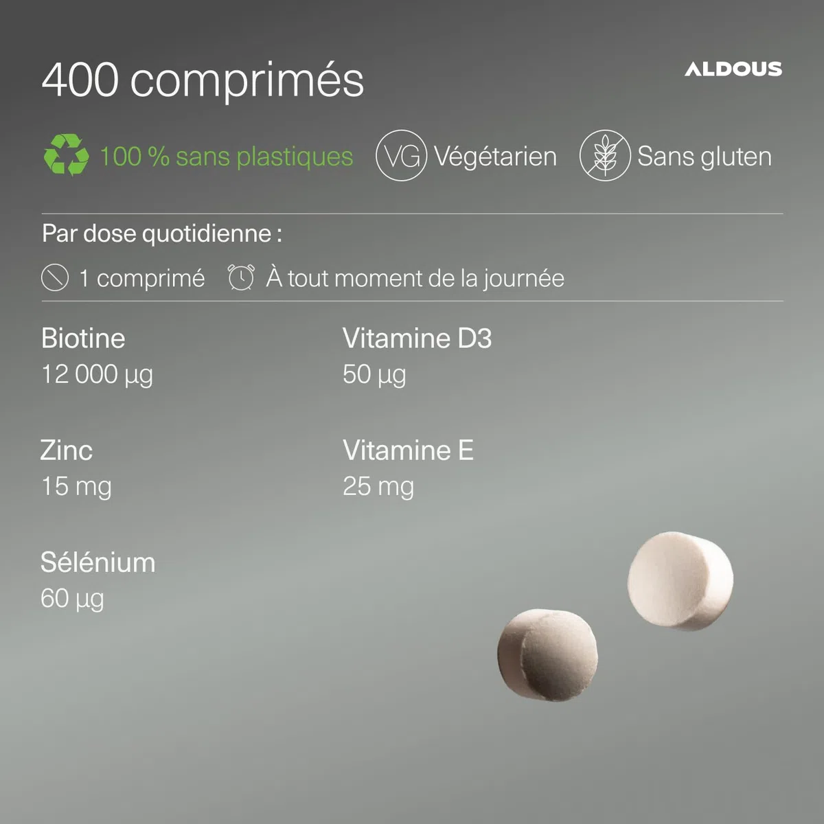 Biotine 12 000 mcg - 400 Comprimés - Zinc, Sélénium, Vitamine D3 et Vitamine E - Biotine Cheveux, Peau et Ongles - Biotine Cheveux Pousse Rapide - Complément Alimentaire Pousse Cheveux - ALDOUS