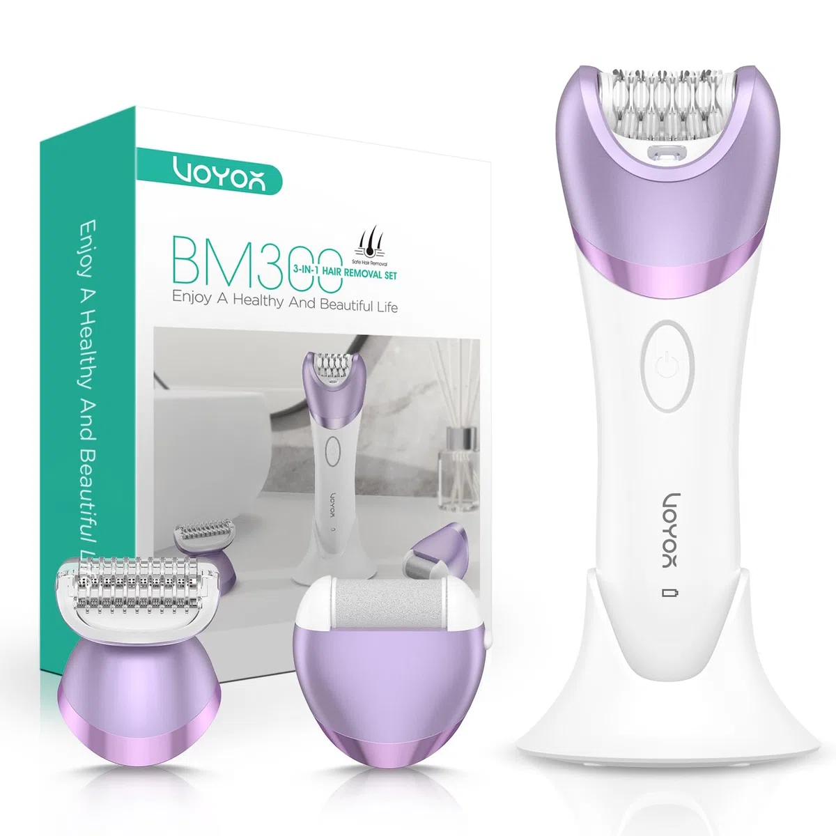 VOYOR Épilateur Électrique Femme, Epilation avec Tête De Rasage Et Tondeuse pour l'épilation du Corps, Rechargeable et Sans Fil, Humide et Sec, Couvert 30 Pinzetten, Lumière LCD BM300 (Violet)