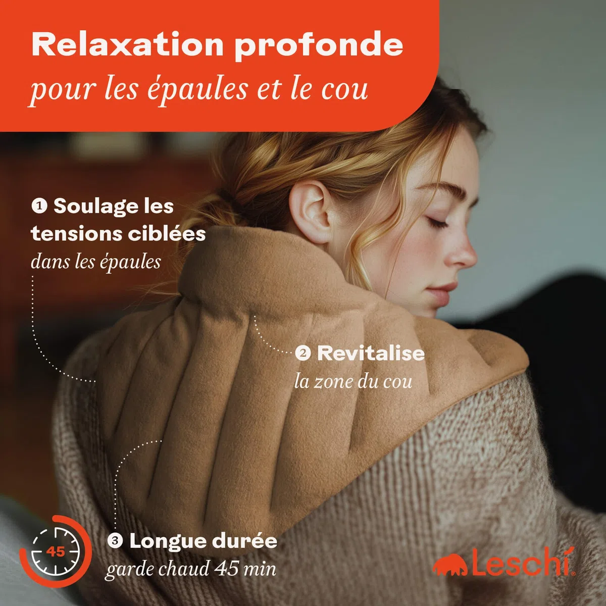 LESCHI XXL Coussin chauffant micro ondes (60x28cm) en coton 100% bio, 11 compartiments, marron, Bouillotte graines de blé 100% bio, Bouillotte micro-ondes idéale pour réchauffer épaules, cou, nuque