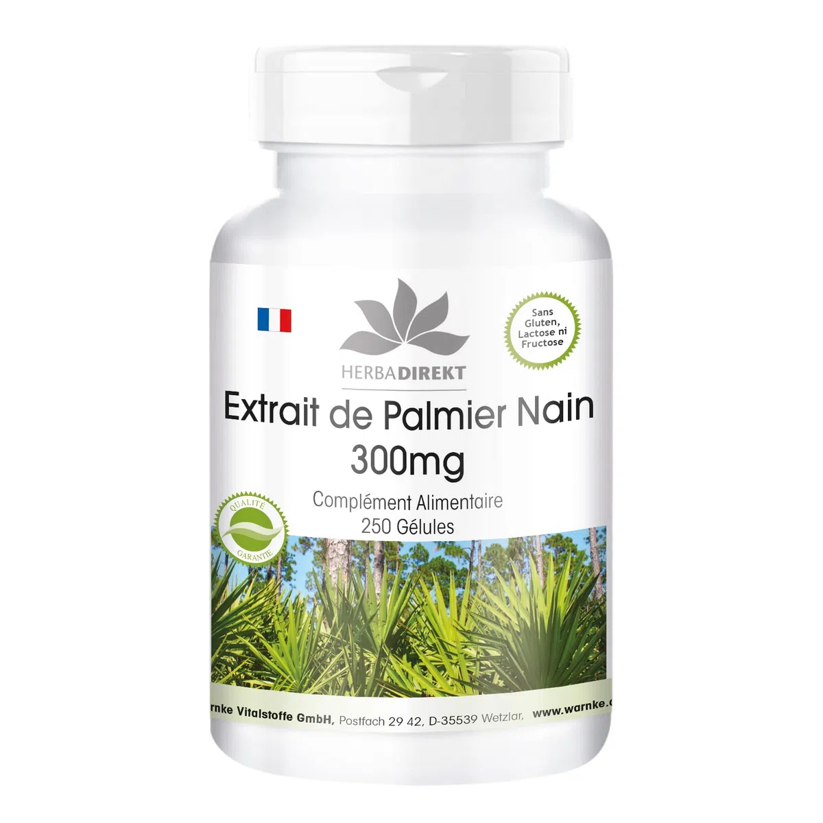 Extrait de palmier nain 300mg - avec bêta-sitostérol - grand emballage - 250 gélules | Herba Direkt - Qualité des pharmacies allemandes