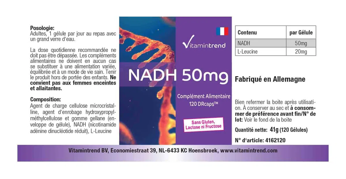 Vitamintrend NADH hautement dosé 50 mg, 120 capsules, facile à avaler, DRcaps à libération retardée, complément alimentaire végan sans additifs, fabriqué en Allemagne