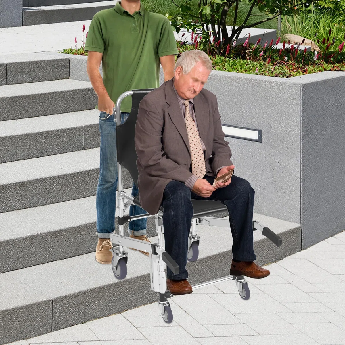 Escalier - Fauteuil roulant pliable - 160 kg - En alliage d'aluminium avec 4 roues universelles - Chaise de sauvetage pliable - Pour personnes âgées et handicapées à la maison