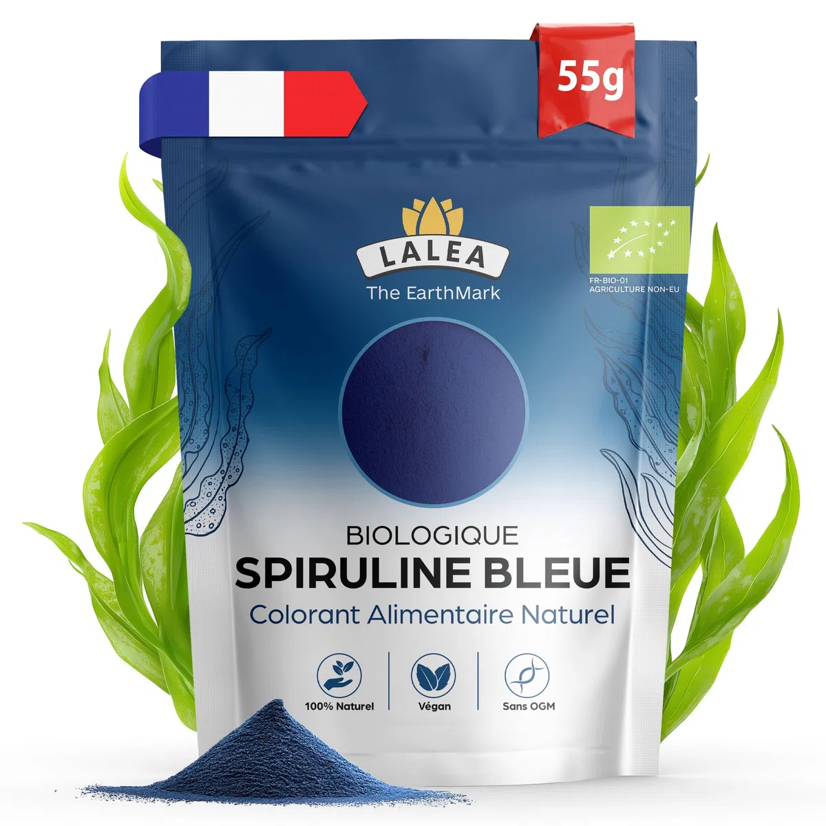 LALEA Spiruline Bleue BIO en Poudre 55g – Phycocyanine Bleue Pure Bio – Colorant Alimentaire Poudre Bleu Naturel (E18) – Spiruline Bleu Poudre pour Smoothies, Pâtisserie, Boissons & Desserts