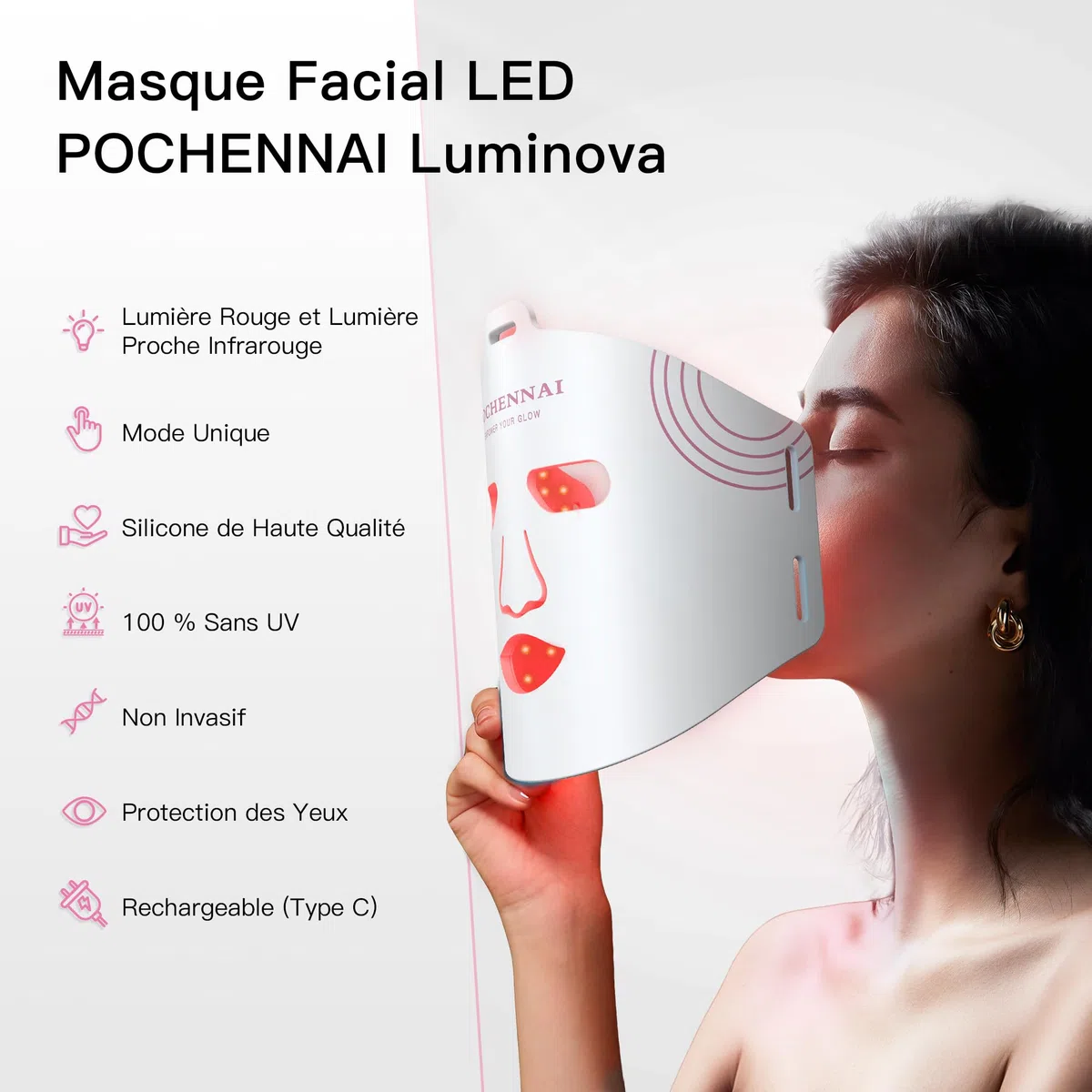 Luminiva Masque LED Visage – Lumière Rouge 633 nm & Infrarouge 850 nm, Masque de Luminothérapie en Silicone Flexible, 3 Niveaux d’Intensité, Appareil de Soin du Visage à Domicile