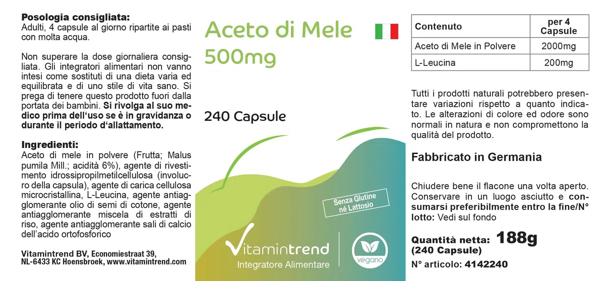 Vitamintrend Vinaigre de cidre 500 mg, 240 gélules, 2000 mg de poudre de vinaigre de cidre par dose quotidienne, complément alimentaire végan sans stéarate de magnésium, fabriqué en Allemagne