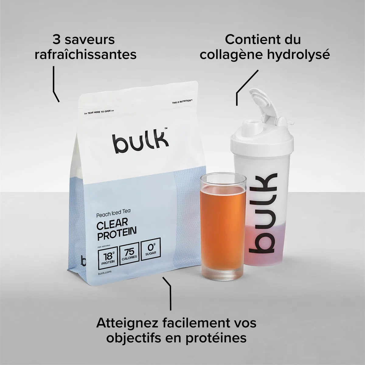 Bulk Clear Protein | Mélange de Whey & Collagène | 400 g | 20 portions | 18 g de protéines | 5 g de BCAA | Absorption rapide | Favorise la croissance musculaire | Thé glacé pêche