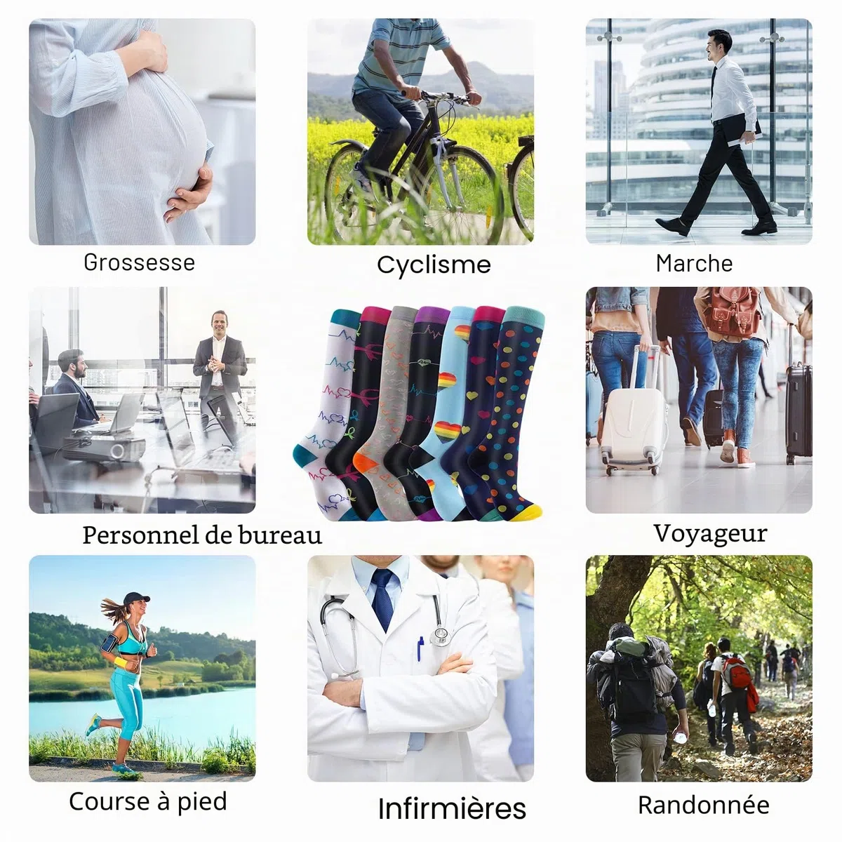 Chaussettes de Compression, (2/4/6/7 paires) pour Hommes et Femmes 15-20 mmHg, idéales pour L'athlétisme, la Course, les voyages en avion, le Soutien