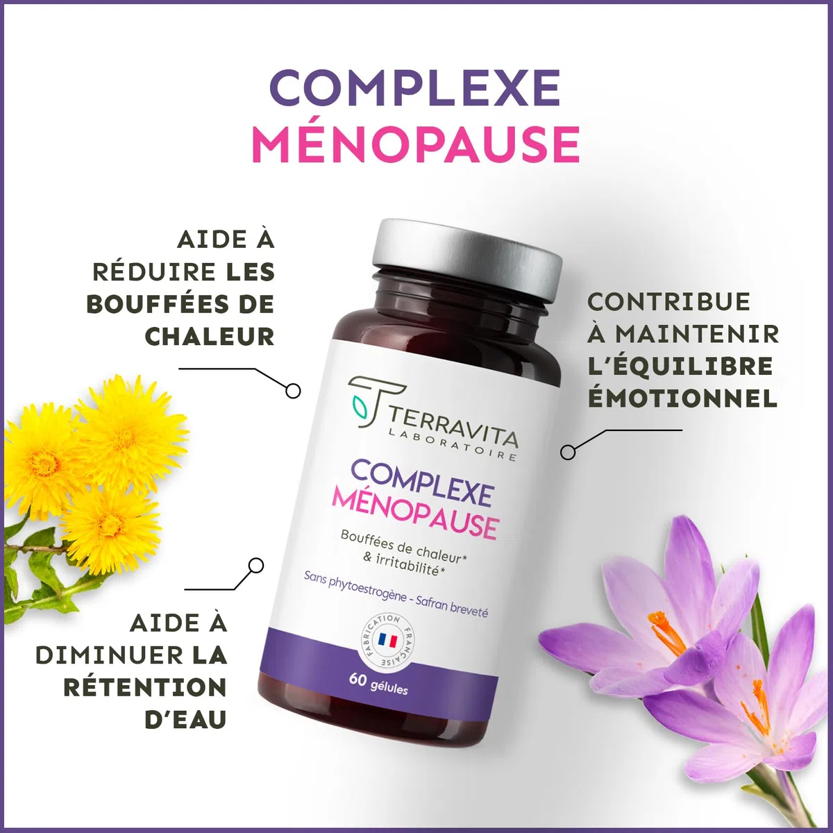 Complexe Ménopause | Sans Hormones | Avec Pollen et Safran Breveté | Bouffées de Chaleur, Fatigue, Stress et Variations d’Humeur | 60 Gélules | Made in France | Terravita