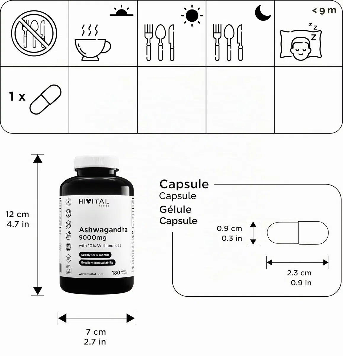 Ashwagandha 9000 mg. 180 gélules végétaliennes pour 6 mois de traitement. Extrait de Withania Somnifera avec 10% de Witanolides. Ginseng Indien. Absorption maximale. Fabriqué en Europe par HIVITAL