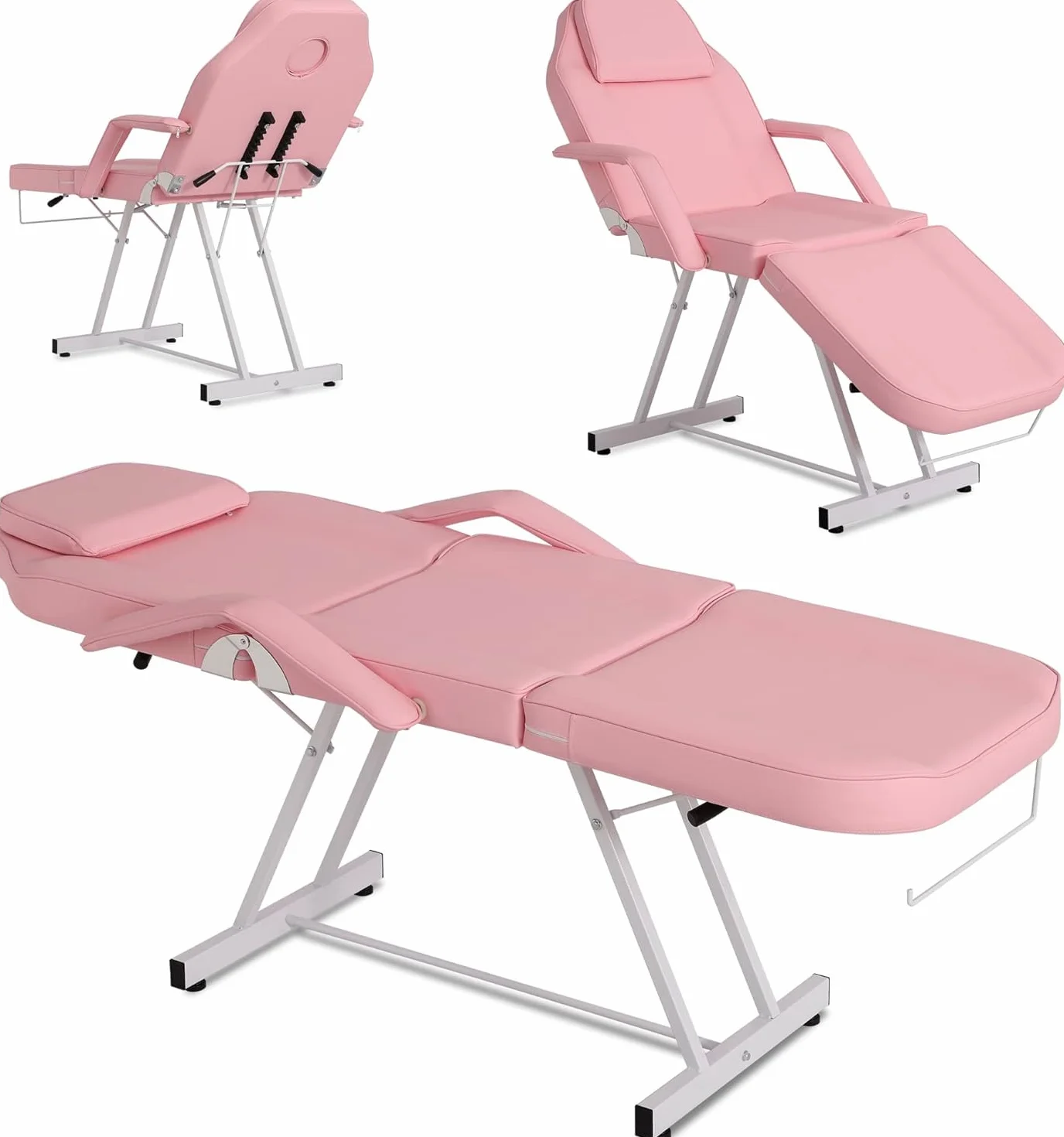 Table de Massage avec Tabouret Lit Massage Pliante 3 Zones Rose | en Cuir PU avec l’Appui-Tête Amovible Accoudoirs Réglables Lit Esthéticienne Physiothérapie, Tattoo
