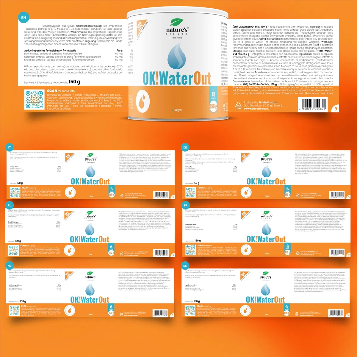 OK!WaterOut - Puissant Contre la Rétention d'Eau - 300g pour 1 Mois, Dose Puissante Sans Additifs Artificiels - Vegan Poudre Complément à base d'Ortie et Sureau