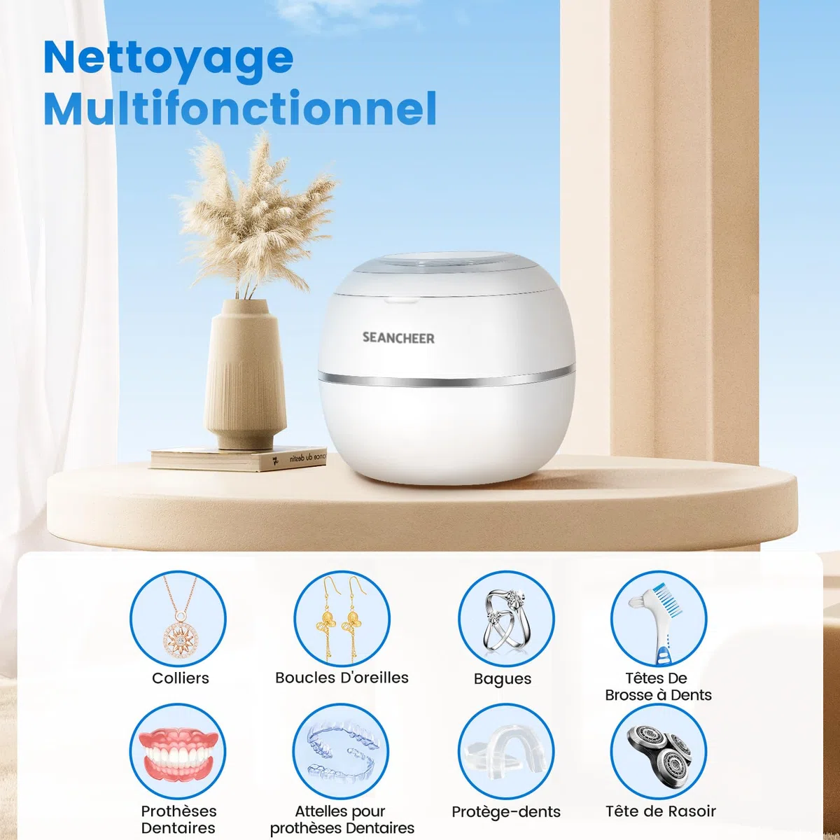 SEANCHEER Nettoyeur Ultrasons 48000Hz Bac Ultrason | 24W | 180ML | Mini Ultrasonic Cleaner Portable avec Lampe UV pour | Prothèses Dentaires | Gouttière Dentaire | Retainer | Bijoux | (Blanc)