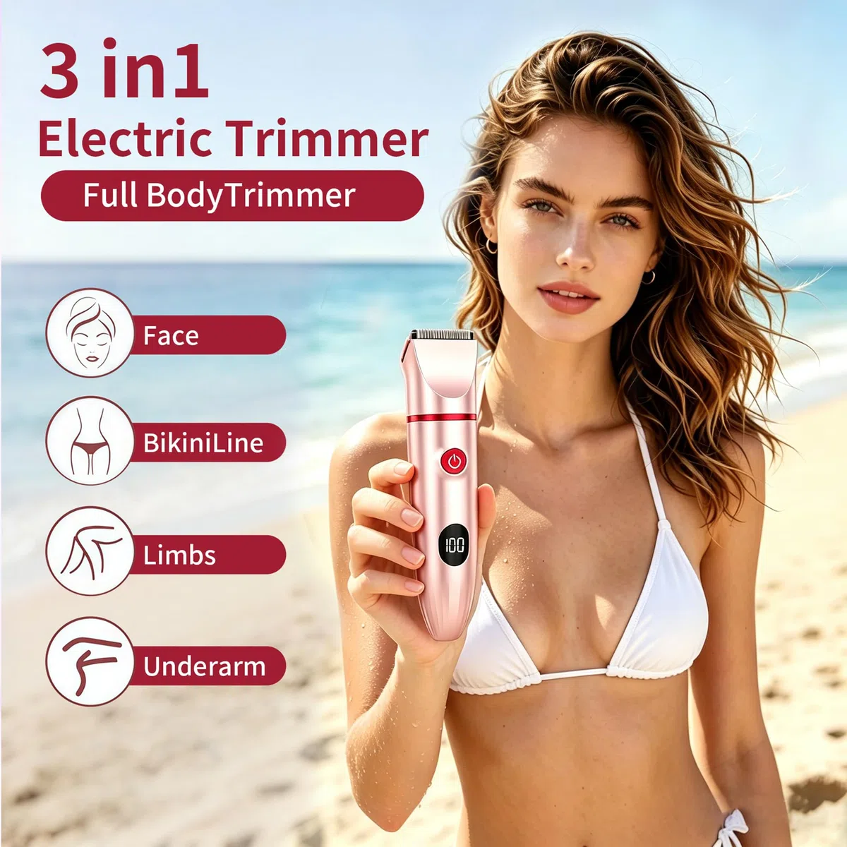 Rasoir Electrique 3 en 1 Femme, Tondeuse Femme Intime, Étanche IPX7 Douche Humide/Sec, Écran LED & USB-Recharge, Épilateur Électrique pour Visage, Maillot, Aisselles, Jambes, précis (Rose)