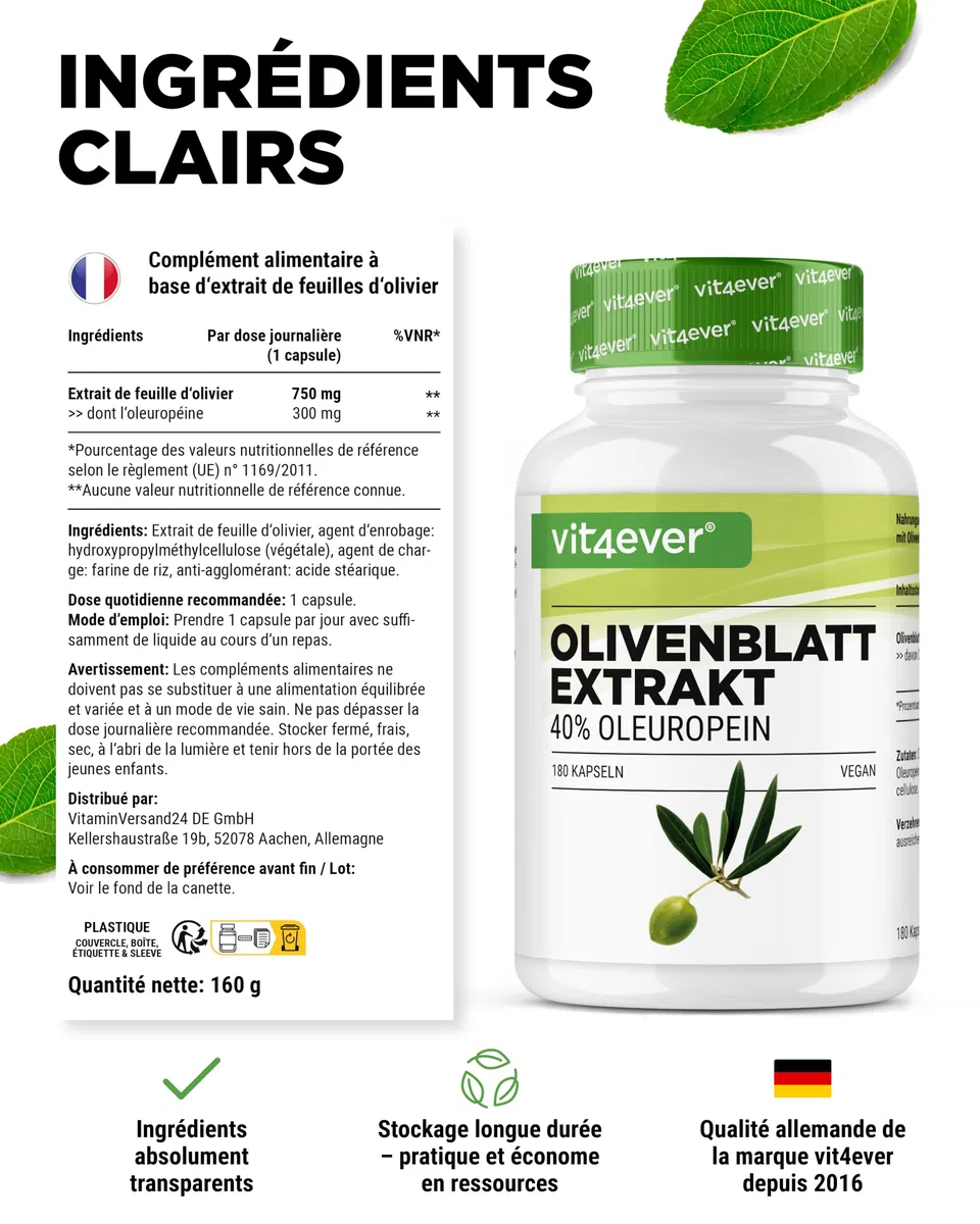 vit4ever Extrait de Feuilles d'Olivier - 180 capsules de 750 mg chacune - Extrait de Feuilles d'Olivier avec 40% d'Oleuropéine = 300 mg - Fortement Dosé - Vegan