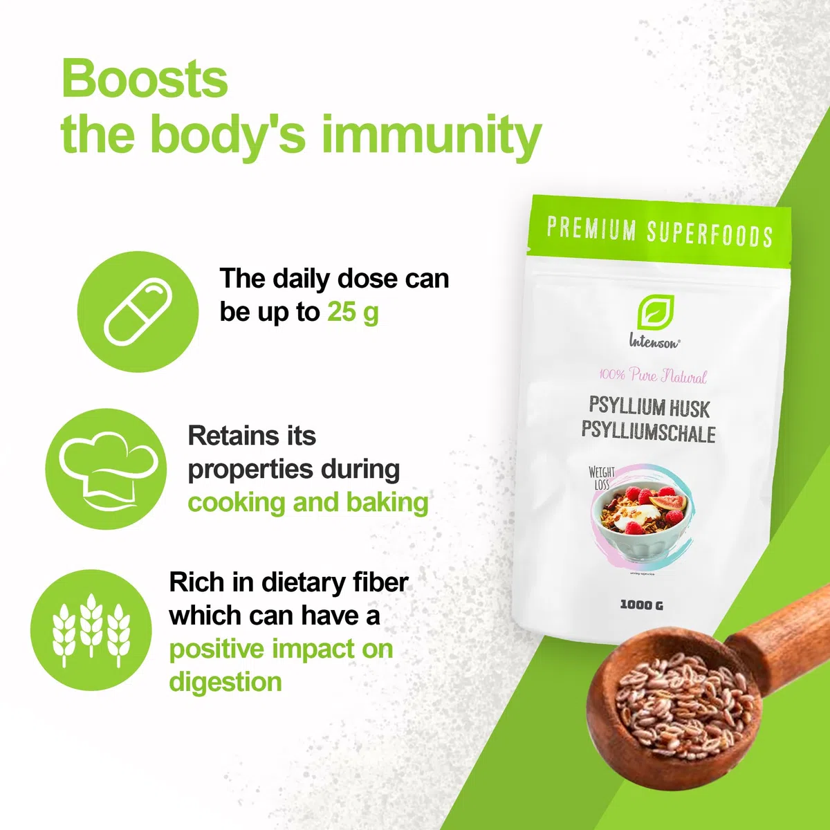 INTENSON Psyllium Husk 1 kg, Pure &Natural Psyllium Seeds Husks, High in Fibre, to be mixed with Water, Beverages, & Juices, Vegetarian & Vegan