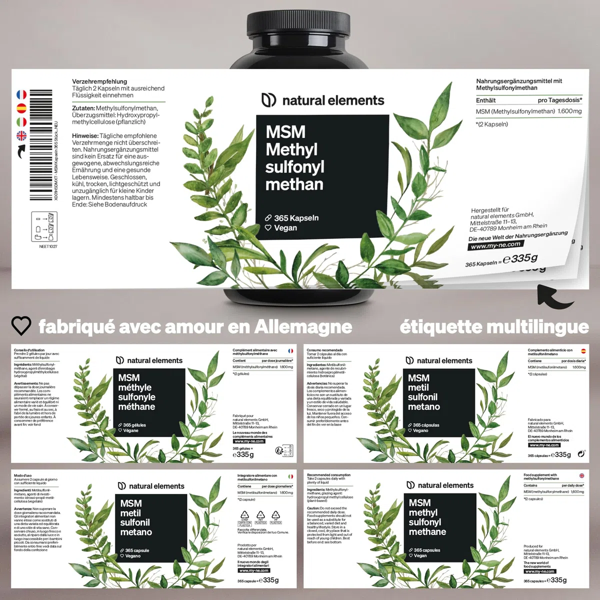 Gélules de MSM - 365 gélules végétaliennes - Testé en laboratoire - 1600mg de poudre de méthylsulfonylméthane (MSM) par dose journalière - Sans additifs, Hautement dosé