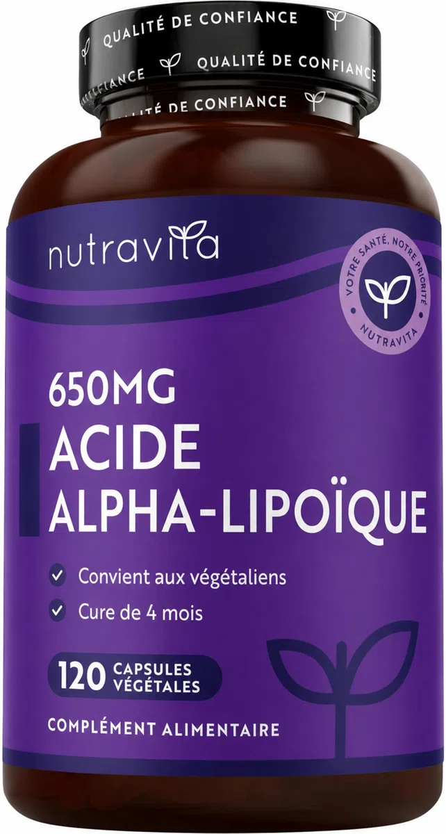Acide Alpha-Lipoïque 650 mg − 120 Gélules Entièrement Végétales très Puissantes − 100% Naturelles, sans Agent de Remplissage Synthétiques − Provision de 4 Mois − Fabriqué au Royaume-Uni par Nutravita
