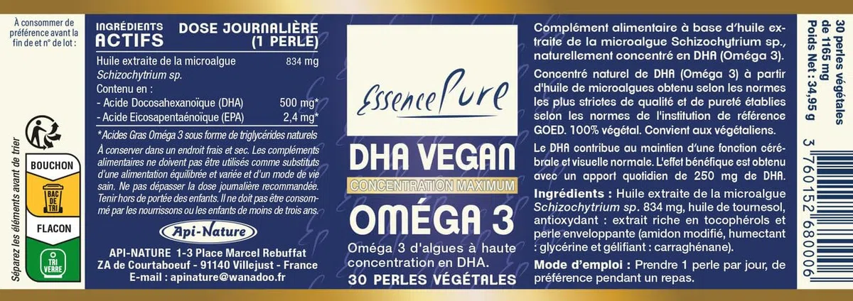 Oméga 3 Végane Essence Pure | 500 mg de DHA par Perle | Huile d'Algues Schizochytrium | Durable et 100% Végane | 30 Gélules Végétales | Api-Nature