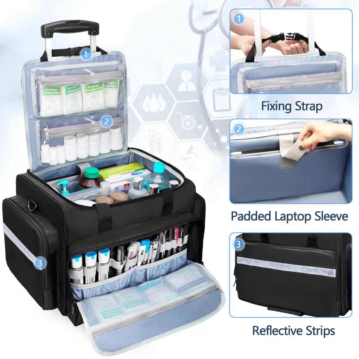 Damero Trousse de Secours Vide avec Chariot Amovible, Sac Médical à roulettes avec Séparateurs Amovibles, kit de Sauvetage d'urgence pour pour Médecins, Professionnels EMS, Noir