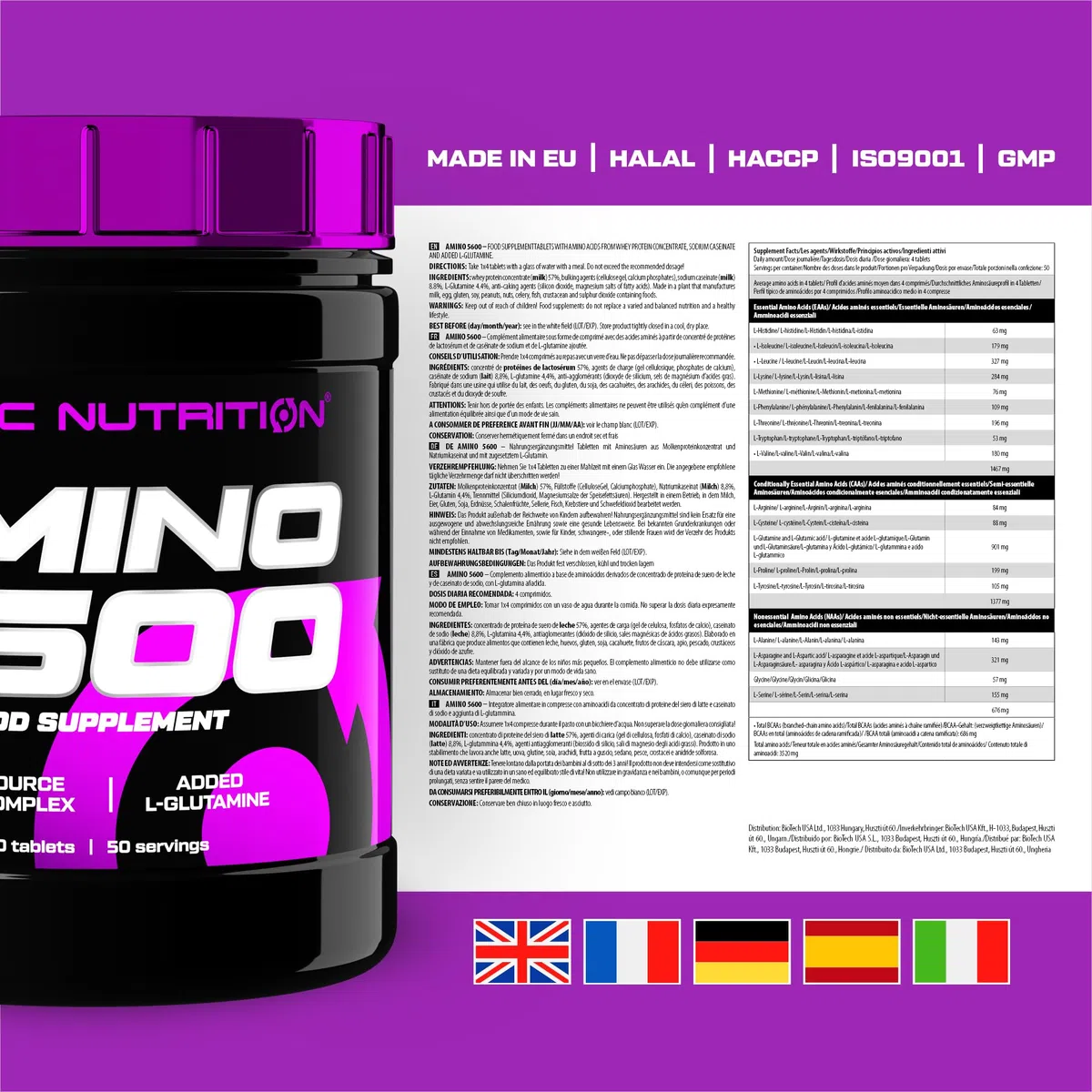Scitec Nutrition Amino 5600 Comprimés, Acides Aminés Essentiels & BCAA avec L-Glutamine, Favorise la Récupération et la Croissance Musculaire, Formule Protéine de Lactosérum & Caséinate, 500 Comprimés