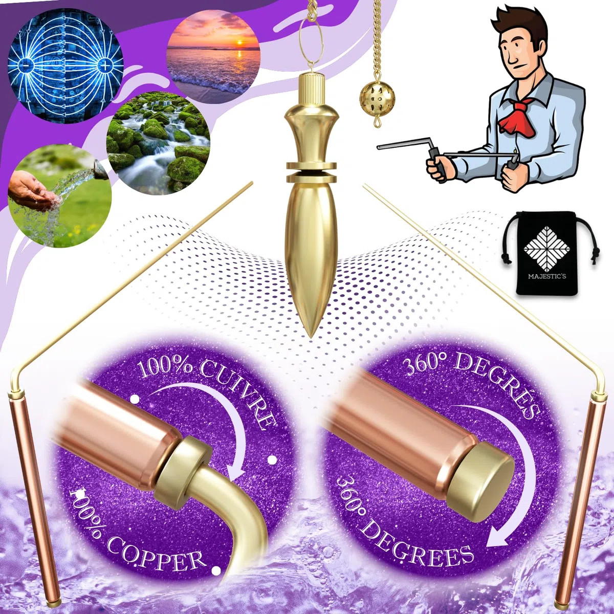 Majestic's Baguettes de Sourcier Professionnelles Manches 100% Cuivre & Pendule Divinatoire Egyptien THOT de Radiesthésie - Baguette de Sourcier x2 - [Garantie à Vie]