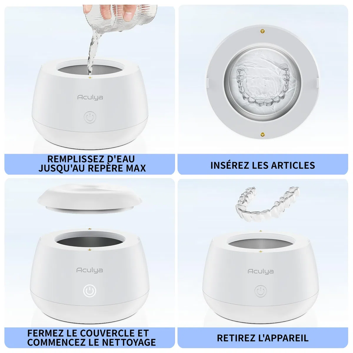 Nettoyeur Ultrasons, 48 kHz Dispositif de nettoyage par ultrasons pour bagues, aligneurs dentaires, appareils de contention, gouttières nocturnes et gouttières de blanchiment, 200ml