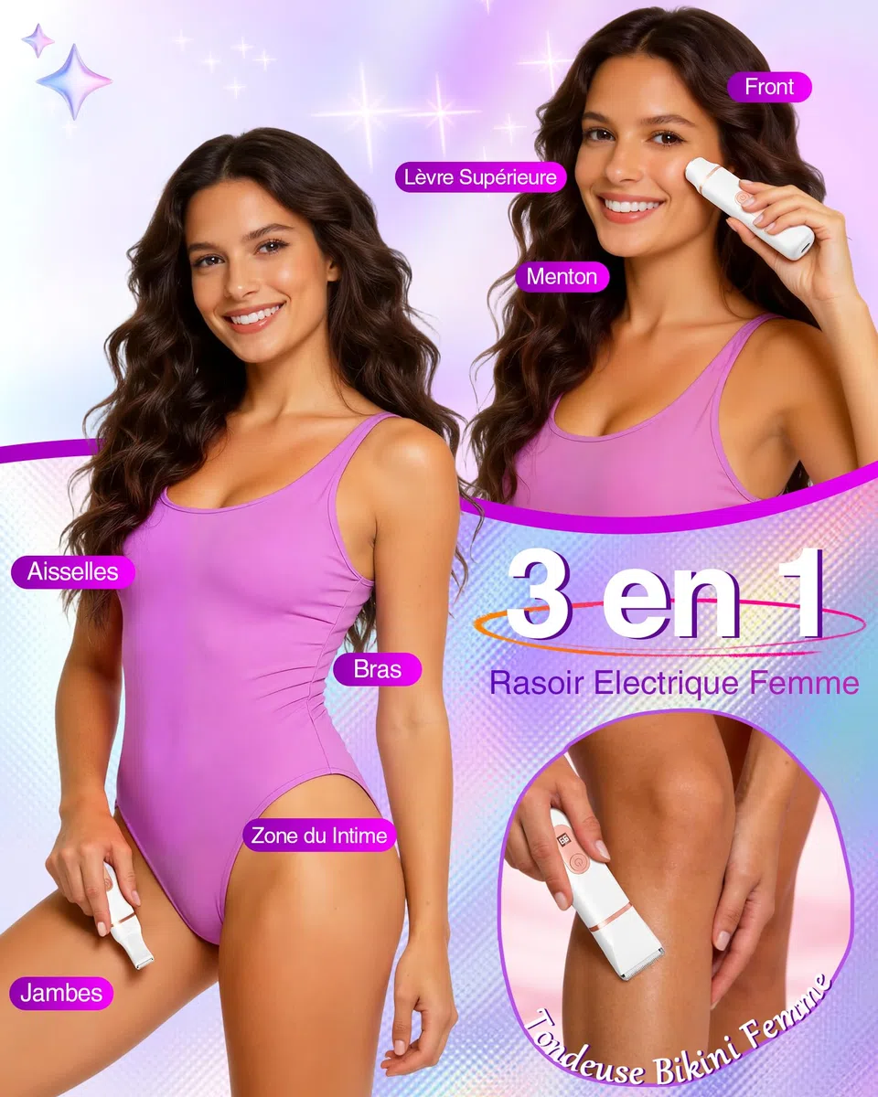 Rasoir Electrique Femme, Tondeuse Intime Intime: 3 en 1 Tondeuse Humide/Sèche, Portable et Sans Fil, pour Maillot/Visage/Aisselles/Jambes/Bras, Indolore et Sans Irritation, Cadeau Parfait pour Femme