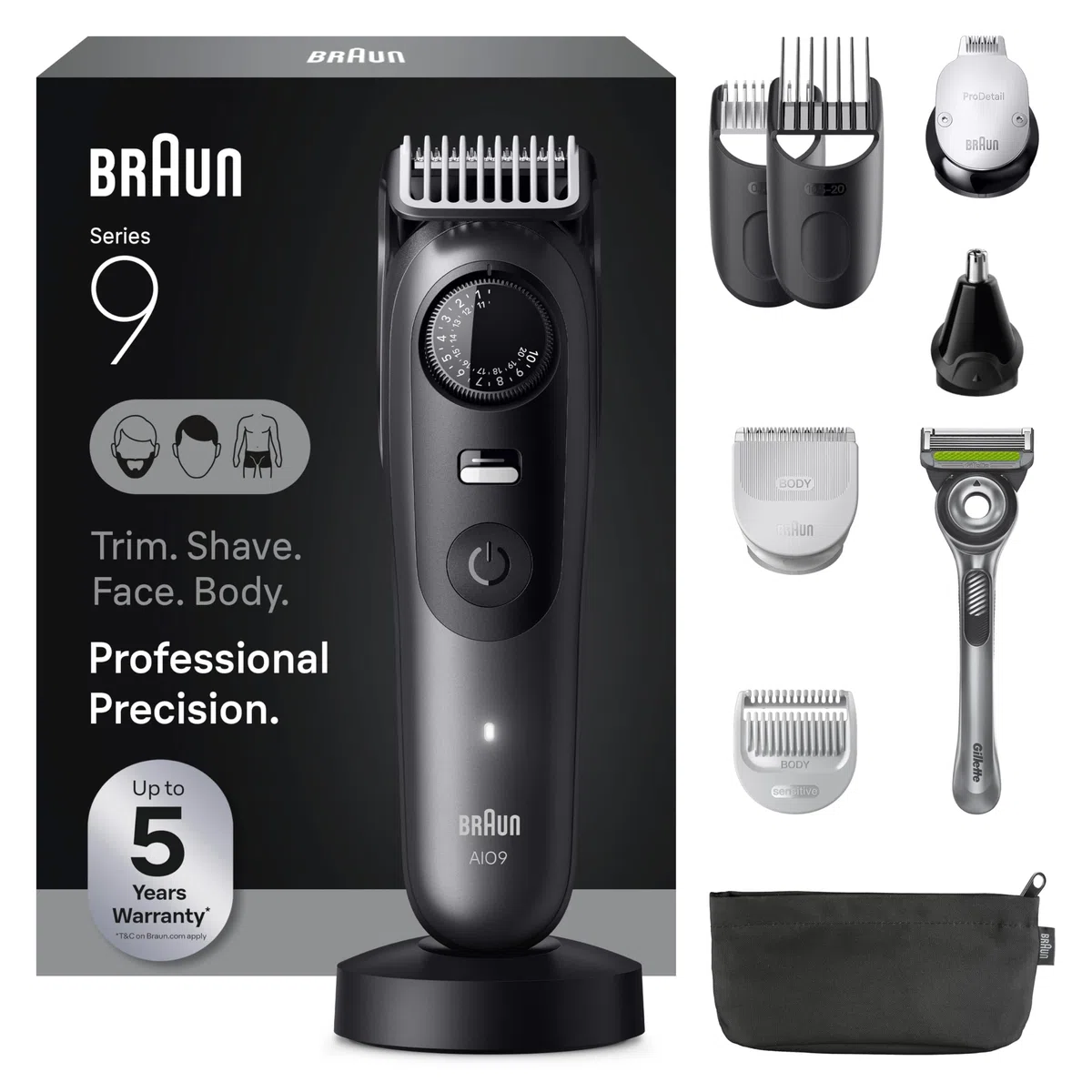 Braun Kit de rasage tout-en-un pour homme série 9 AIO 9535, barbe, visage, nez, oreille, tondeuse à cheveux, tondeuse corporelle et manscaping