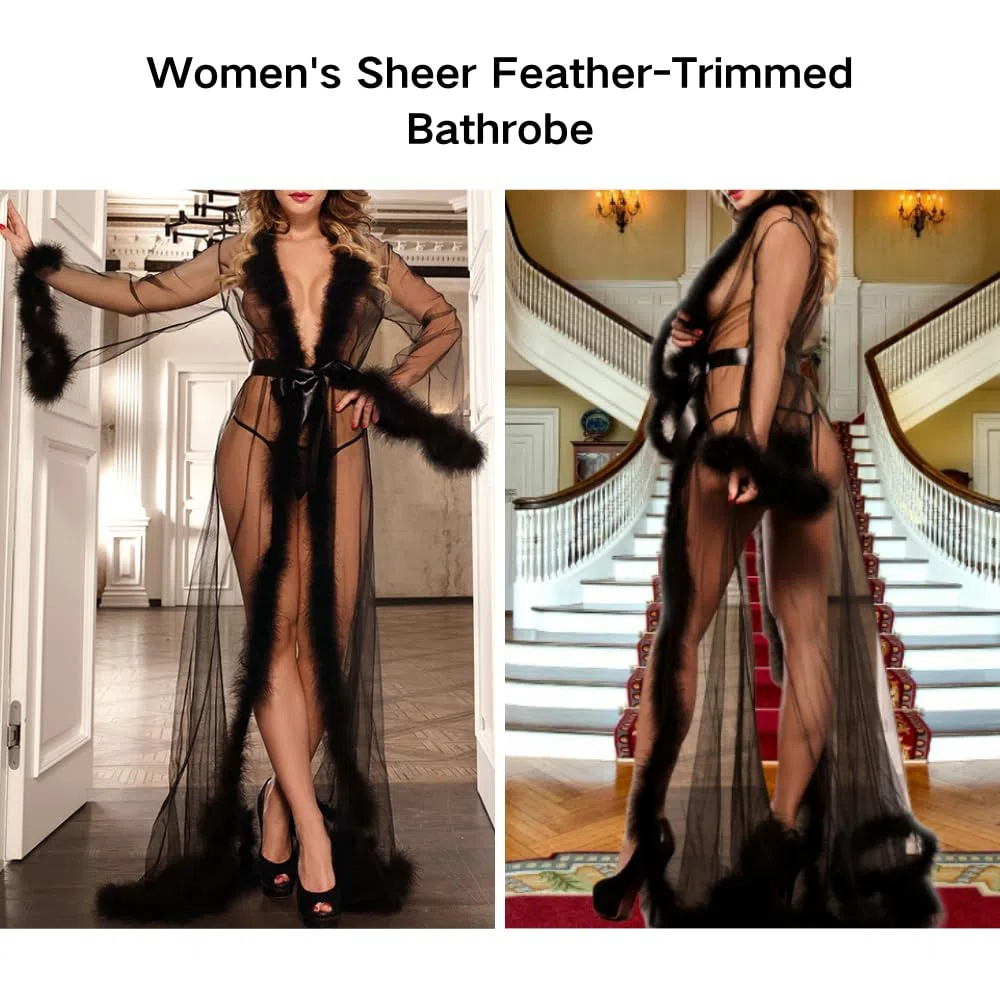 Femme Sexy Transparent Plumes Peignoir de Bain Maille Dentelle Kimono Robe Col en V Mariée Nuisette Extra Longue Cache-Maillot Perspective Lingerie Légère Bikini Cardigan Peignoirs (Noir)