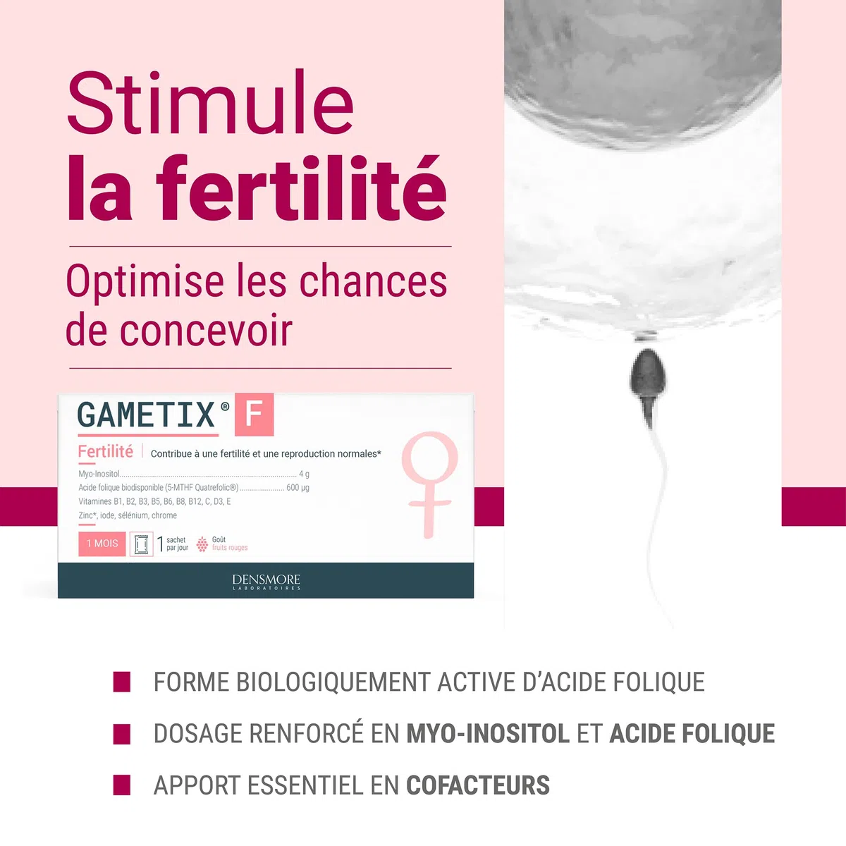 Densmore - GAMETIX F - Fertilité femme et Grossesse - Complément Alimentaire à base Vitamines et Minéraux, Myo-Inositol, Acide Folique - 30 sachets (poudre) - 1 mois - Fabriqué en France