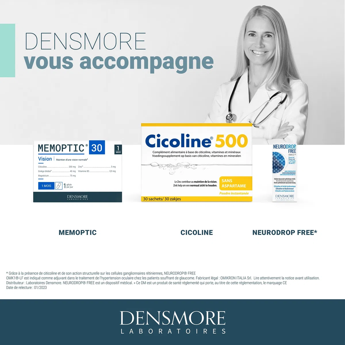 Densmore - MEMOPTIC Complément Alimentaire Mémoire et Vision à base de Citicoline (traitement Glaucome) - Ginkgo biloba Magnésium Vitamine B5 Zinc - 30 comprimés - Cure de 1 mois - Fabriqué en France