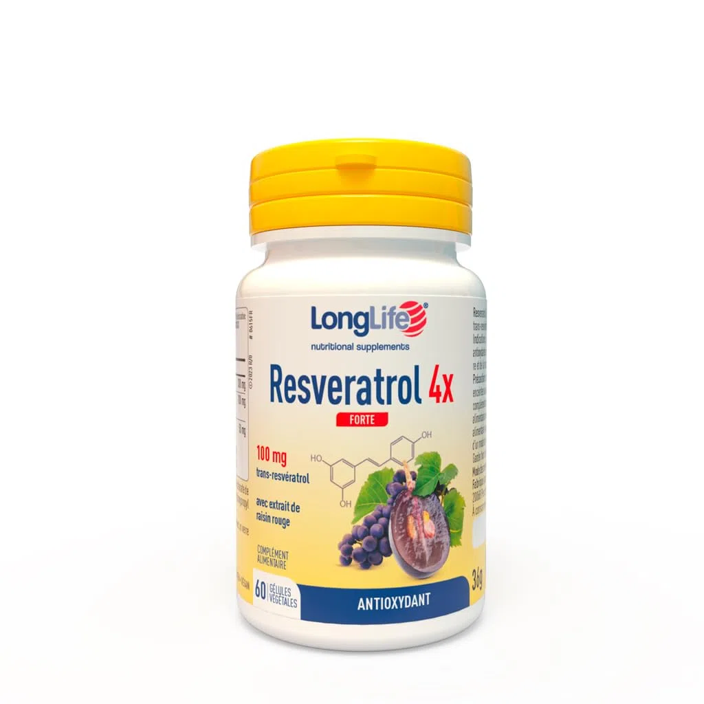 LongLife® Resveratrol 4x Forte | Trans-resvératrol pur (Veri-te™) et raisin rouge | Cœur et circulation | Jambes légères | 60 gélules | Végan et sans gluten