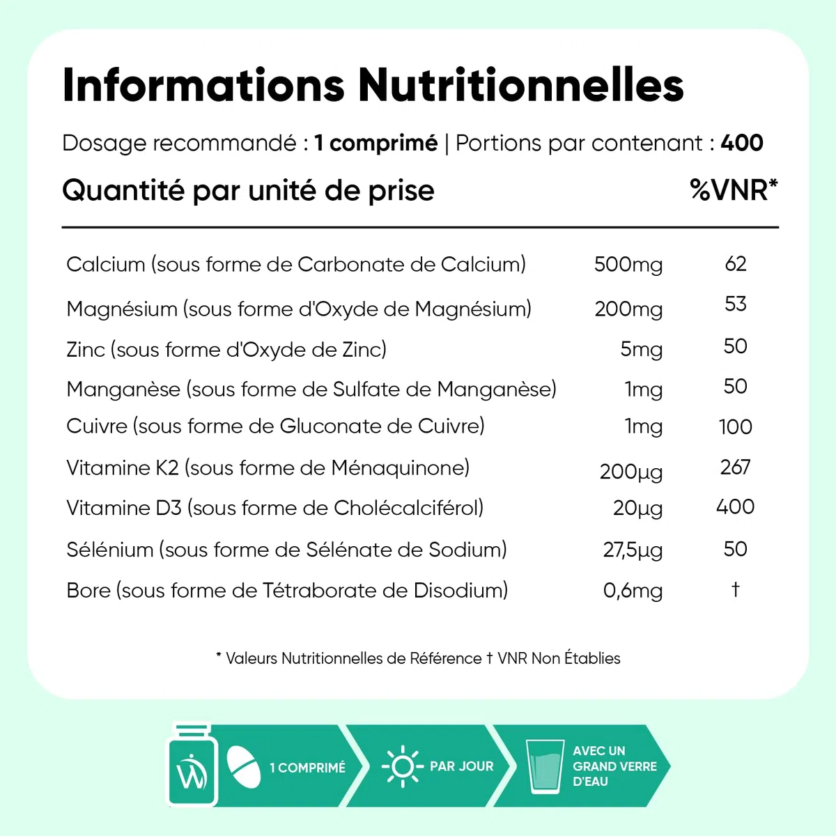 Calcium Magnésium Zinc Vitamine D3 K2 MK7, 400 Comprimés Vegan (+ 1 An)