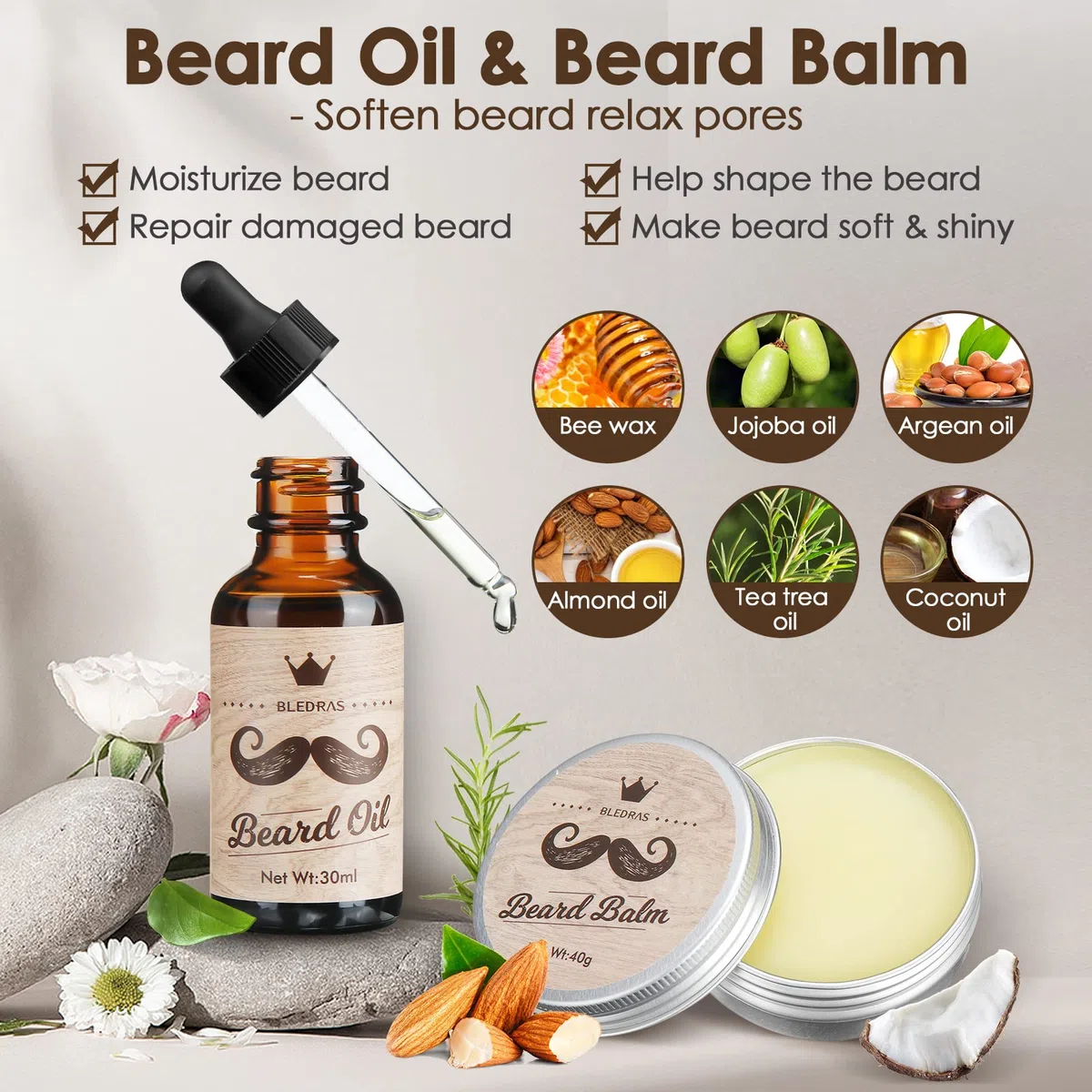 Kit Barbe Homme 9pcs - Bledras Kit de Soin Barbe Homme Complet-Soins Entretien Barbe -Huile Barbe, Shampoing, Baume, Peigne, Ciseaux, Pochoir,Brosse,Sac - Coffret Cadeaux Noël Hommes Original