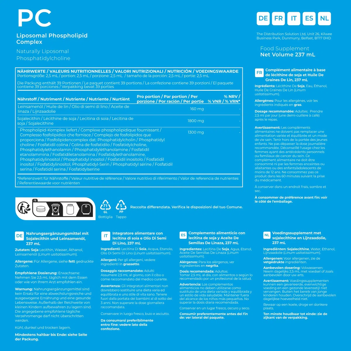BodyBio PC - Complexe de Phospholipides avec Phosphatidylserine - Clarté Mentale, Memoire et Concentration - Complement Alimentaire Cerveau et Détox Douce - 273 ml