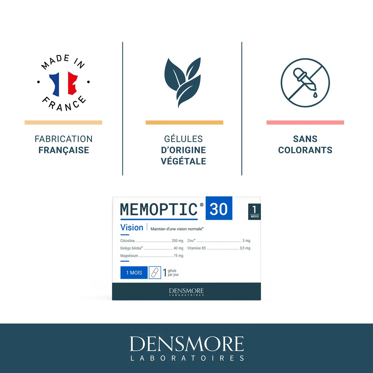 Densmore - MEMOPTIC Complément Alimentaire Mémoire et Vision à base de Citicoline (traitement Glaucome) - Ginkgo biloba Magnésium Vitamine B5 Zinc - 30 comprimés - Cure de 1 mois - Fabriqué en France