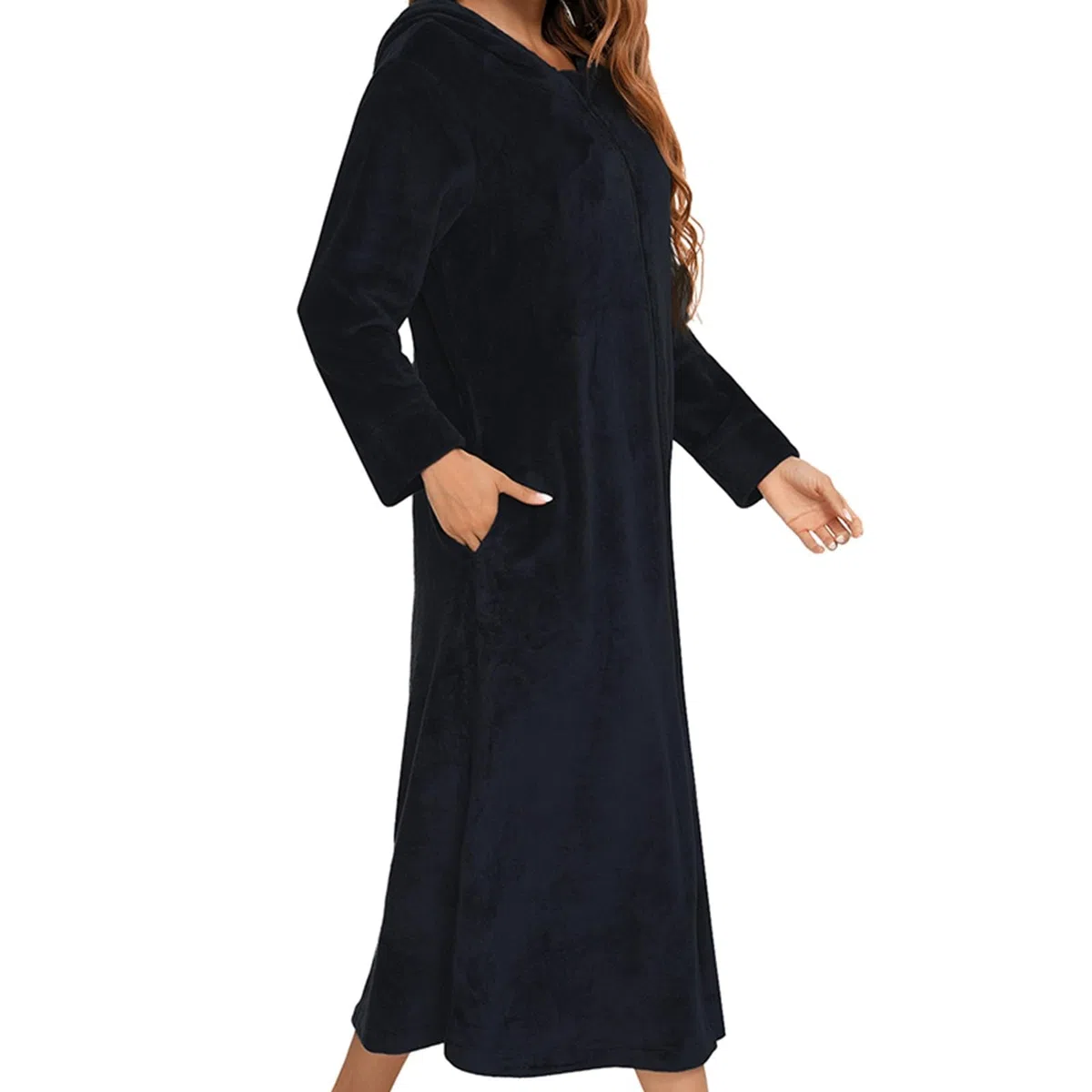 Robe De Chambre Capuche avec Zipper, Peignoir De Bain Femme Polaire Unie, Chemise De Nuit Grande Taille à Manches Longues, Chaud Et Confortable VêTements De Nuit Femme Automne Hiver