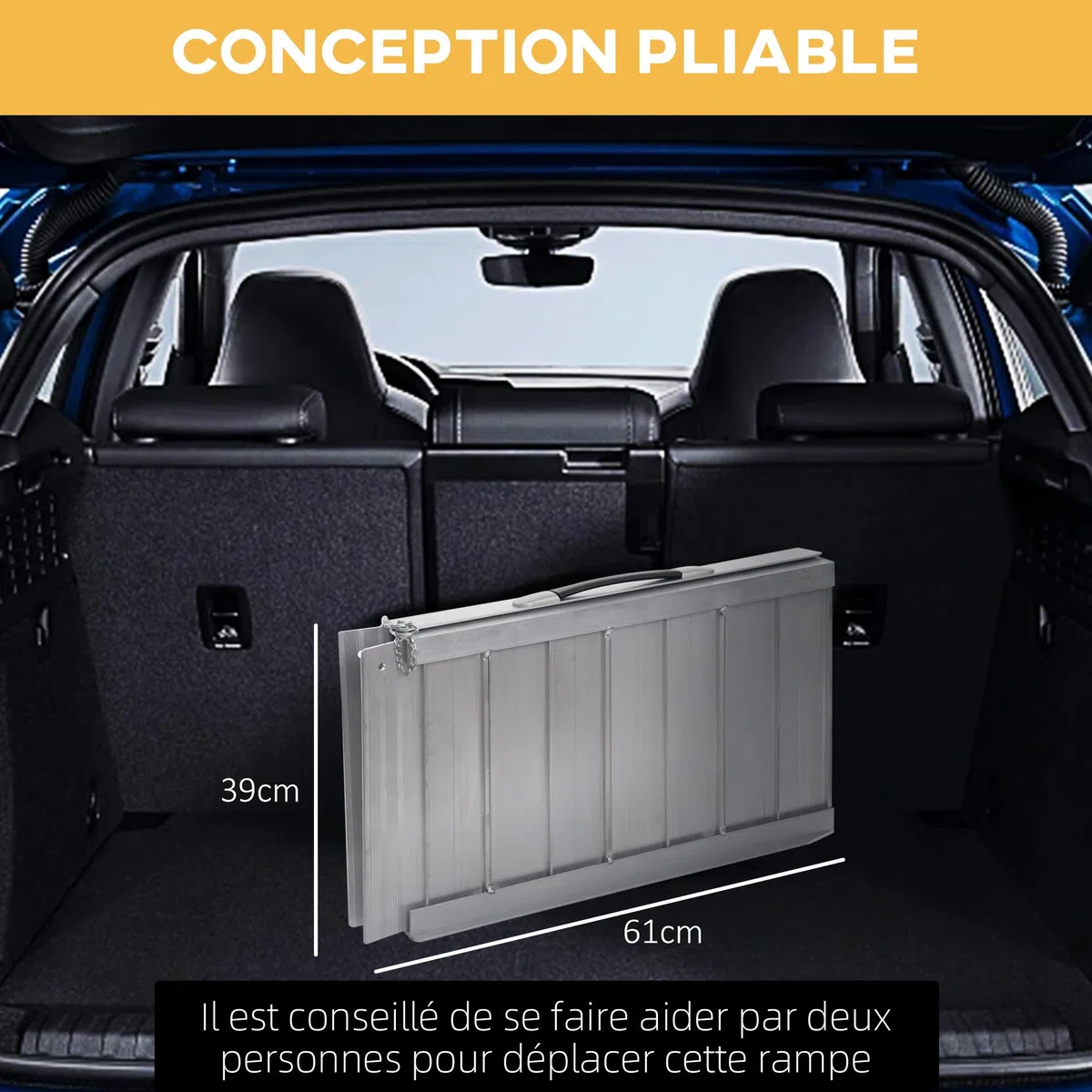 HOMCOM Rampe de Fauteuil Roulant Pliable Antidérapante 61x74 cm | Rampe de Chargement Sablage, Alliage d'Aluminium, Bordures de Sécurité, Stickers Réfléchissants, Charge Max. 270 Kg