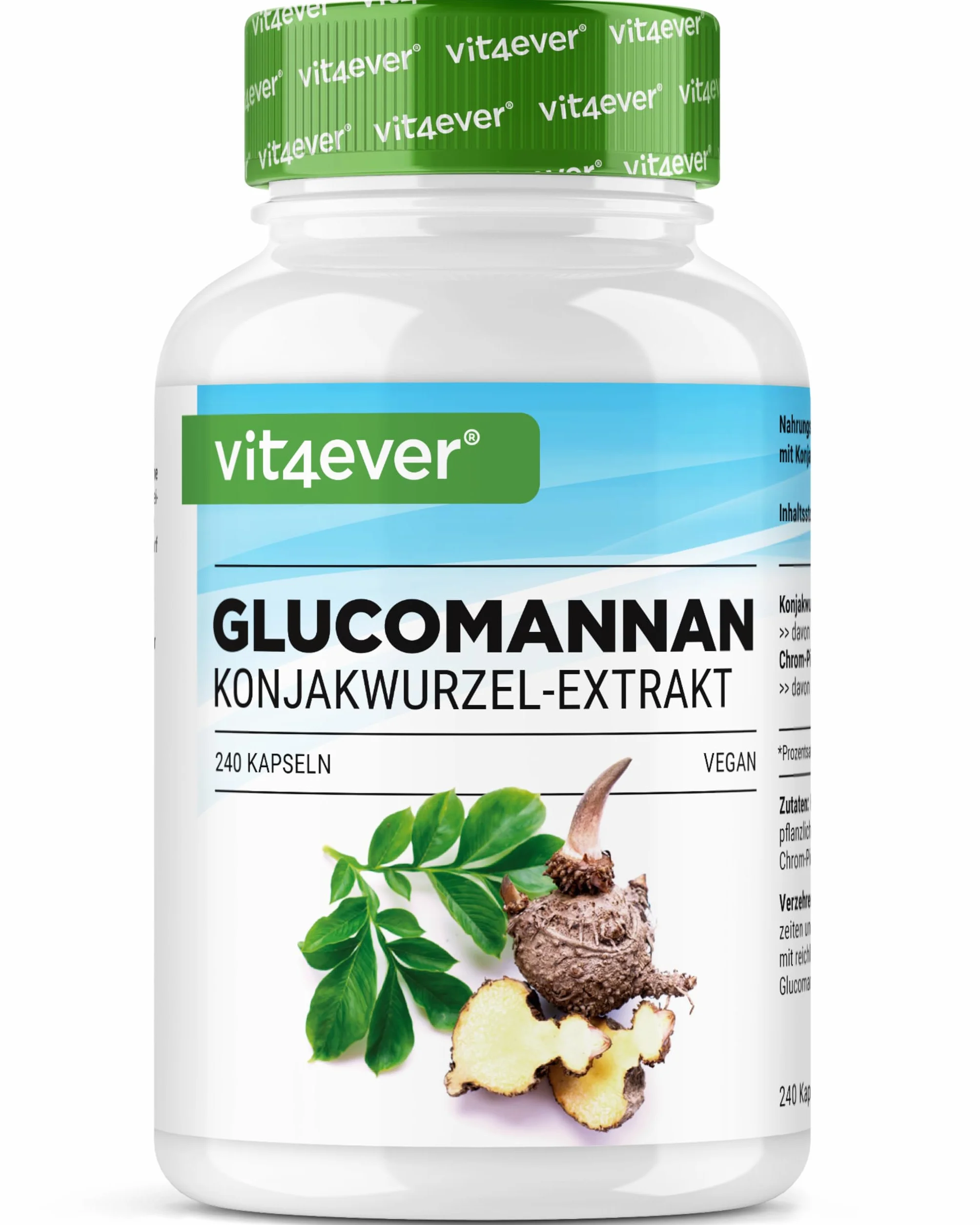 Glucomannane de la Racine de Konjac - 240 Gélules - Fortement Dosé avec 4200 mg par Portion Journalière - Optimisé avec du Chrome - Végétalien