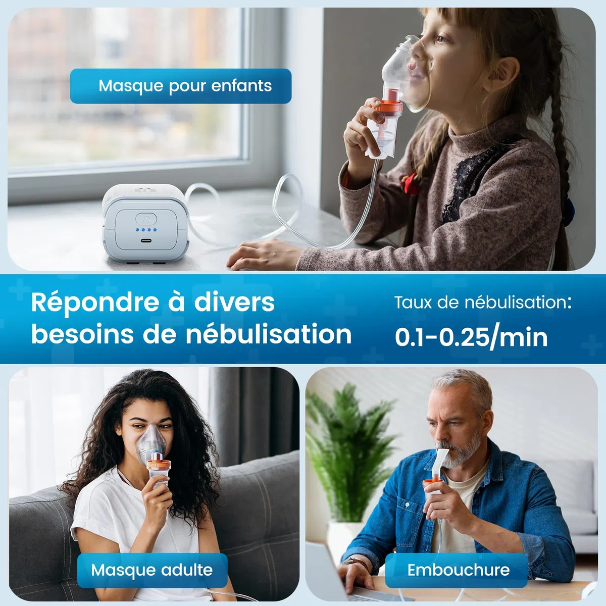 Nébuliseur à Ultrasons à Compresseur Silencieux - Nébuliseur Inhalateur Portable Puissance, Adapté Aux Enfants et Aux Adultes, Avec Tuyau Respiratoire et 2 Masques, Vitesse de Nébulisation Réglable