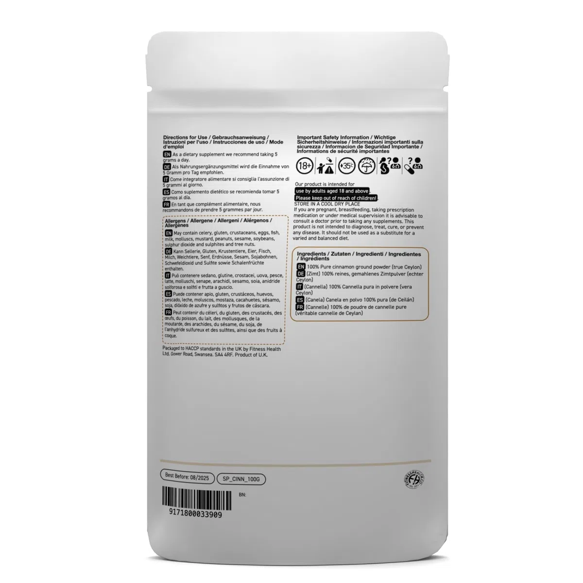 Fitness Health Poudre de cannelle biologique (vrai Ceylan) 100 g – Poudre de cannelle de Ceylan bio – Poudre de cannelle moulue certifiée de qualité supérieure – Complément de cannelle de Ceylan pour