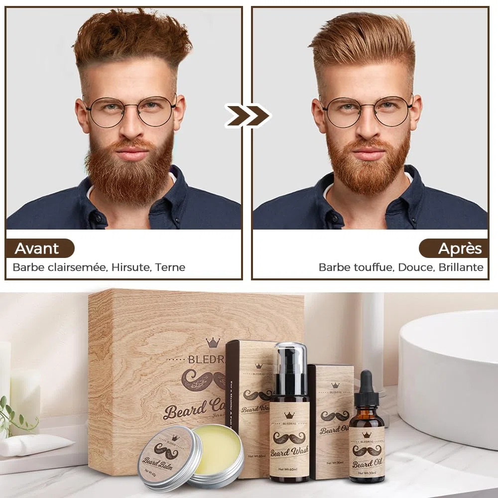 Bledras Kit Barbe Homme 13 en 1, Coffret Barbe Homme avec Huile à Barbe, Shampoing à Barbe, Crème à Barbe, Crayon à Barbe, Ciseaux à Barbe, Brosse à Barbe, Peigne à Barbe, Rasoir, 5 Lames de Rasoir