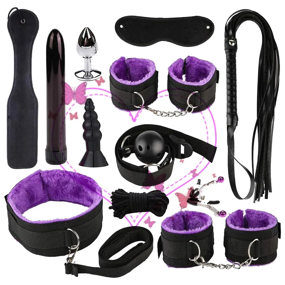 12 Piece B`SD`M Kit Rëšträiñt Set Fun Accessories Bedroom Adventure Game Häñdçüffs Sëx Töyš Kit (Purple)